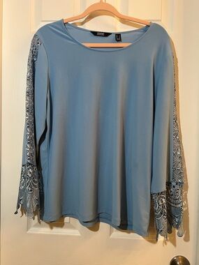 🦋dennis basso Dusty Blue Lace-Sleeve Long Sleeve Blouse size large
